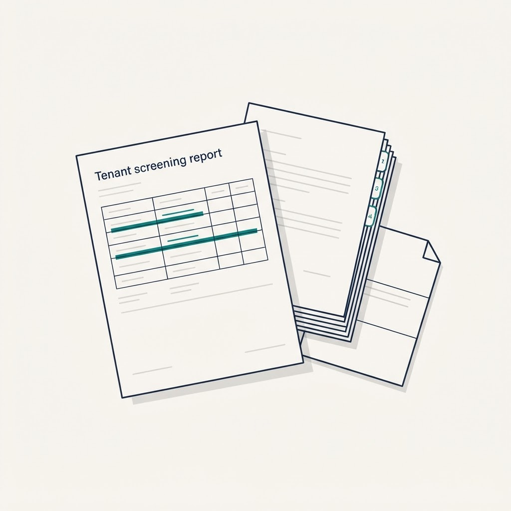 A screening report with two records marked, next to an organized stack of numbered exhibits and a letter, ready to send.